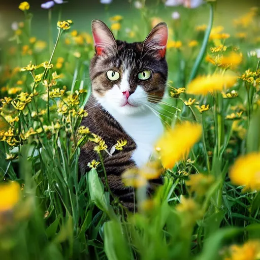 Image similar to a professional photograph of a cat in a field of flowers, high quality, highly detailed, cute, HD, 8K