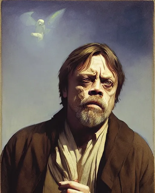 Prompt: mark hamill as a grizzled emanciated drunk poet. fantasy science fiction art by greg rutkowski, gustave courbet, rosa bonheur, edward hopper. faithfully depicted facial expression, perfect anatomy, sharp focus, global illumination, radiant light, detailed and intricate environment, trending on artstation