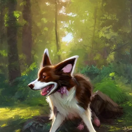 Image similar to portrait of a cute anthro male anthropomorphic border collie fursona wearing a suit in a sunny glade. by henry asencio, jon foster, and ross tran. scenic background, highly detailed, concept art, furry, glamor pose, elegant, aesthetic, beautiful, trending on artstation, top rated on furaffinity and deviantart