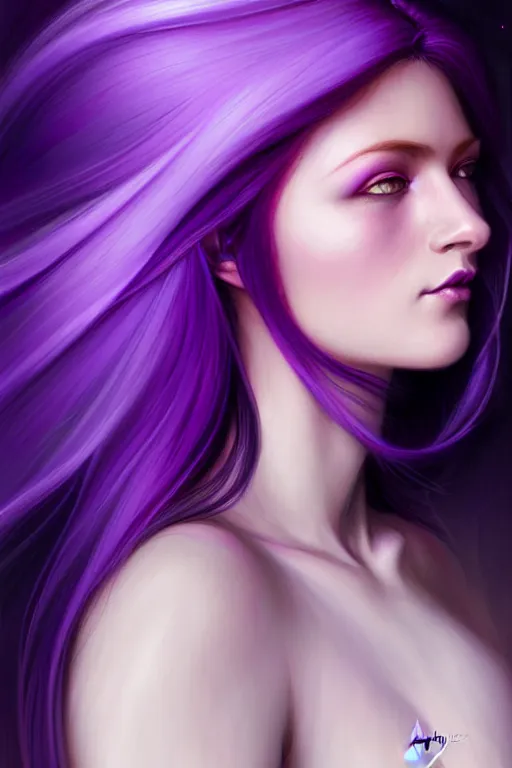 Image similar to Purple hair relistic Portrait of a woman with bright colored flying hair, all shades of purple. Hair coloring, long hair, blue eyes, fantasy, intricate, elegant, highly detailed, digital painting, artstation, concept art, smooth, sharp focus, illustration, art by artgerm and greg rutkowski and alphonse mucha