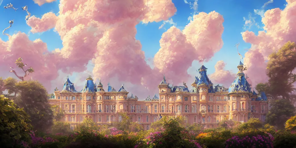 Image similar to A realistic painting of The Cat and its Rococo Palace in the sky with blue flowers and clouds, in the style of Krenz Cushart, Moebius, and Muchain, Prismatic, Rococo, Pearlescent, reflective, shimmering, highly detailed, masterpiece, dreamy, concept art, Cinema lighting, 8k, trending on artstation