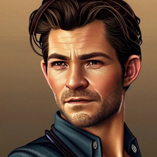 Image similar to A combination of Tom Holland's and Orlando Bloom's and Chris Pine's faces as Nathan Drake, western, D&D, fantasy, intricate, elegant, highly detailed, digital painting, artstation, concept art, matte, sharp focus, illustration, art by Artgerm and Greg Rutkowski and Alphonse Mucha