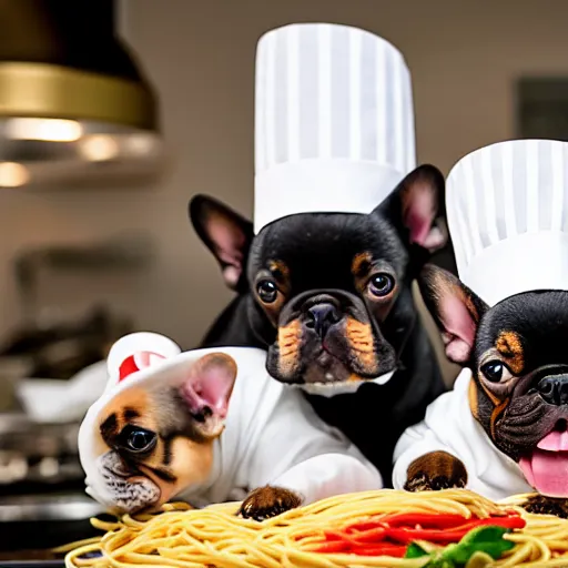 Image similar to a 8k highly detailed still photo by Anne Geddes of Two multi-colored French Bulldogs in chef hats and aprons starring on a cooking show, a plate of spaghetti is prepared, a high end restaurant kitchen in the background, bokeh