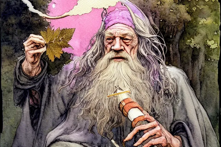 Image similar to a realistic and atmospheric watercolour fantasy character concept art portrait of gandalf with pink eyes lying on his back looking happy and confused and smoking weed out of his pipe with a pot leaf nearby, by rebecca guay, michael kaluta, charles vess and jean moebius giraud