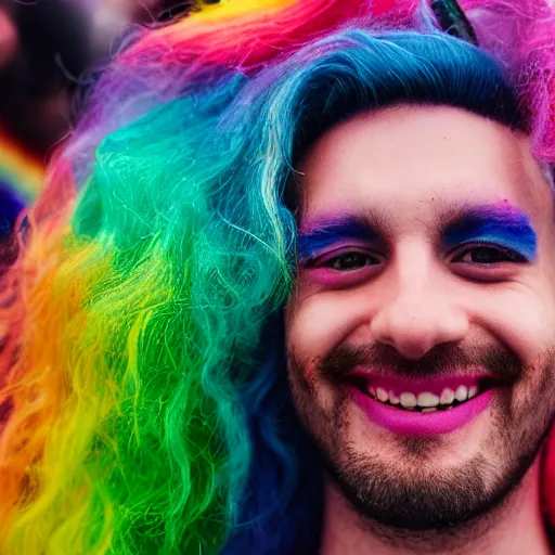 Prompt: a portrait of a happy queer man at pride with rainbow hair and painted nails, rendered in octane, shallow depth of field