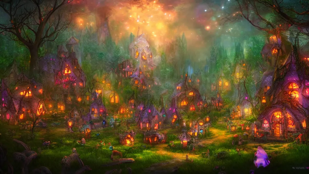 Prompt: a fairy village in a mystical magic forest, cinematic scene, colorful, candy, fantasy, fireflies, matte painting, concept art, trending on artstation