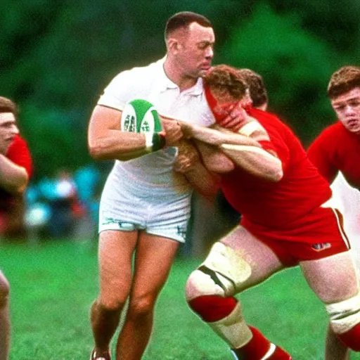 Image similar to photo of forrest gump playing rugby for the irish team