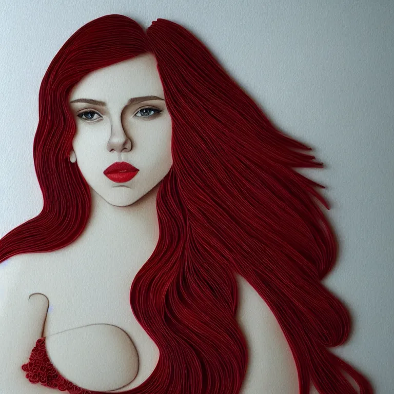 Prompt: young Scarlett Johansson with long red hair in the style of quilling