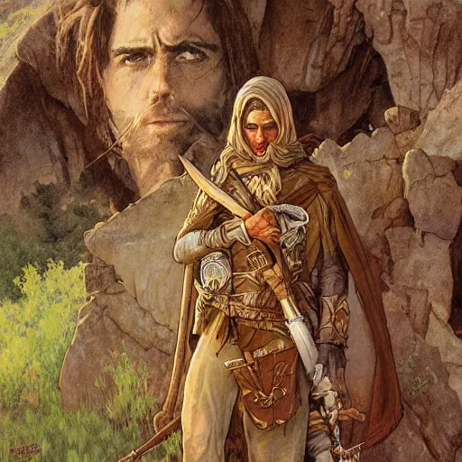 Prompt: Kethlan the elven desert bandit. Hidden ruins. Epic portrait by james gurney and Alfonso mucha.