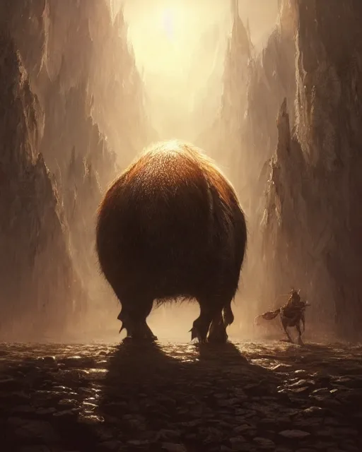 Prompt: Giant Boar looking at mouse, medium shot, fear, D&D, artstation, fantasy, magic the gathering artwork, cinematic lighting, centered, symmetrical, highly detailed, digital painting, , concept art, smooth, sharp focus, illustration, volumetric lighting, epic Composition, 8k, art by Akihiko Yoshida and Greg Rutkowski and Craig Mullins, oil painting, cgsociety