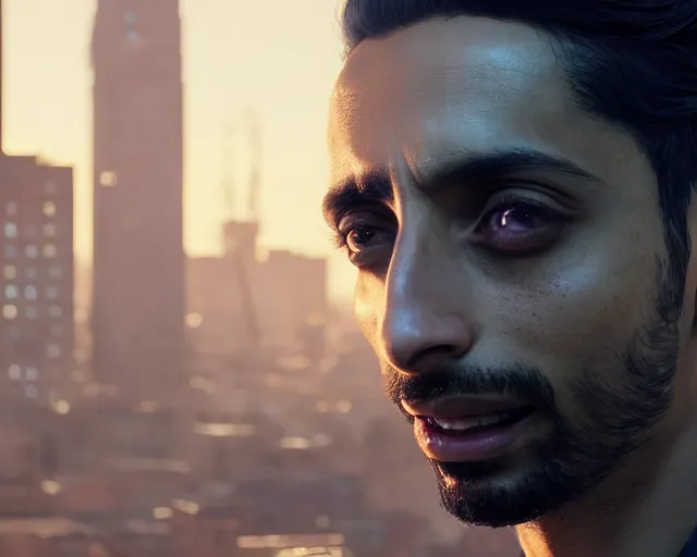 Image similar to highly detailed portrait of riz ahmed as an android, in detroit : become human, stephen bliss, unreal engine, fantasy art by greg rutkowski, loish, rhads, ferdinand knab, makoto shinkai and lois van baarle, ilya kuvshinov, rossdraws, tom bagshaw, global illumination, radiant light, detailed and intricate environment