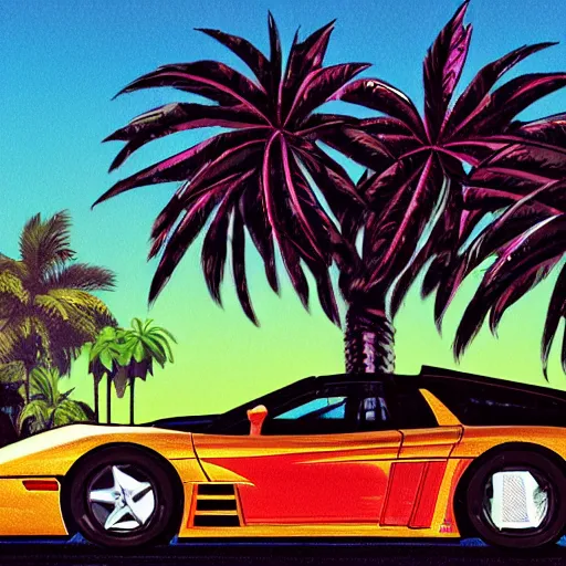 Prompt: a palm tree and saleen s7 on the tree, in the style of hotline miami, by niklas akerblad