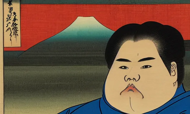 Prompt: portrait of morbidly obese steven segal in the style of hiroshige, japanese woodblock, classical japanese art, traditional japanese art, highly detailed, beautiful colors, award winning, dark, gritty, ink and watercolor