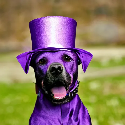 Prompt: a purple dog wearing a top hat
