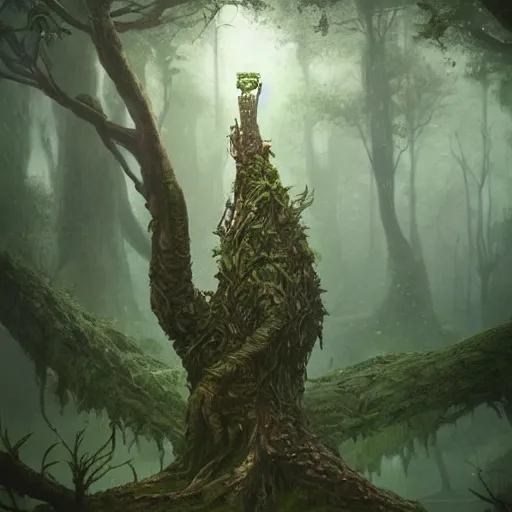 Image similar to living tree, tree has legs and eyes, in the shape of a frog, swamp, greg rutkowski, trending on art station, highly detailed, magic the gathering, matte painting