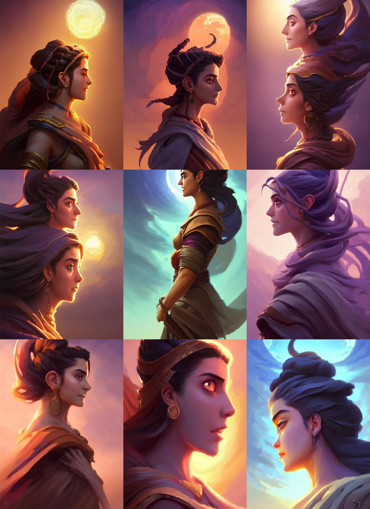 Prompt: side profile centered painted portrait, Maya Ali as a wind mage, only one head, Gloomhaven D&D, cell-shaded, matte painting concept art, radiant backlighting, official fanart, 4k, HDR, Trending on artstation, Behance, Pinterest, by Jesper Ejsing and RHADS and Makoto Shinkai and Lois van baarle and ilya kuvshinov and rossdraws and Cushart Krentz and Gilleard James