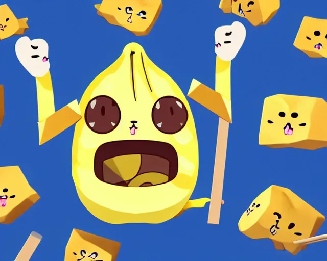 Image similar to a banana with a face of a cat and sticks as hands and legs, polygonal, high resolution, kawaii, cute, sharp focus, artstyle of anime