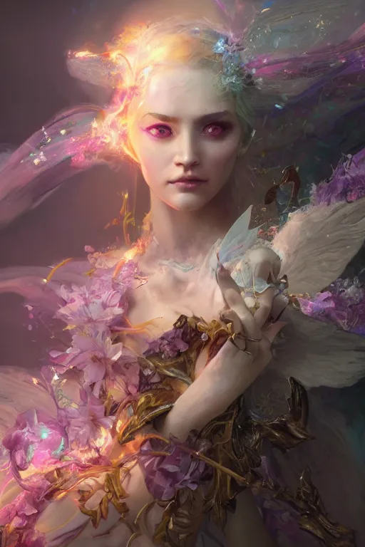 Prompt: face closeup of beautiful girl necromancer, magical fairy exploding into flowers and ice, angels, 3 d render, hyper - realistic detailed portrait, holding fire and electricity rainbow, ruan jia, wlop. scifi, fantasy, magic the gathering, hyper detailed, octane render, concept art, peter mohrbacher