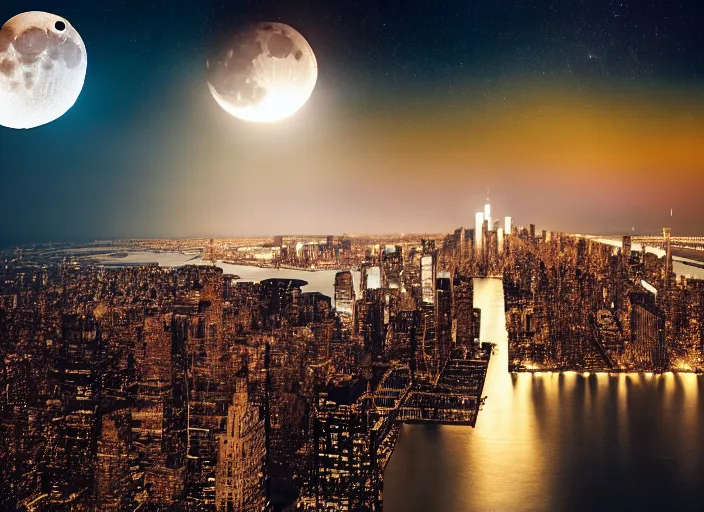 Image similar to film still of the moon breaking into pieces over manhatten in the new disaster movie, 8 k, night time