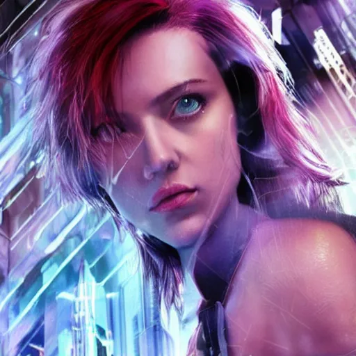 Prompt: a beautiful medium - shot still of scarlett johansson as motoko kusanagi from ghost in the shell, cyberpunk style, looking off into the distance, kusanagi hairdress, balck hairs, ultra realistic, soft, blue hour, soft neons light from night city falling on her face. focus on her eyes and brows. by annie leibowitz