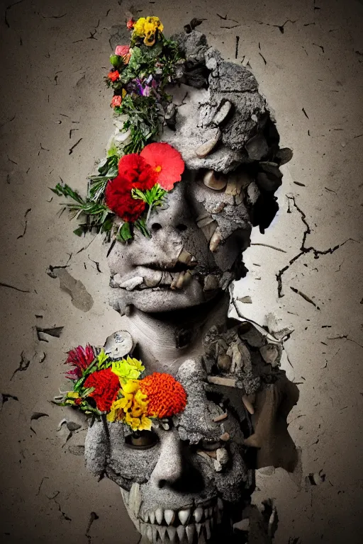 Prompt: the broken face of psychosis with destructive rage, made of stone and wood, is vomiting multicolored herbs and flowers, conceptual surreal magic realism conceptual art