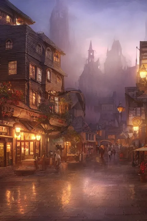 Image similar to Bree town square in the evening, detailed matte painting, cinematic, Alan Lee, Artstation