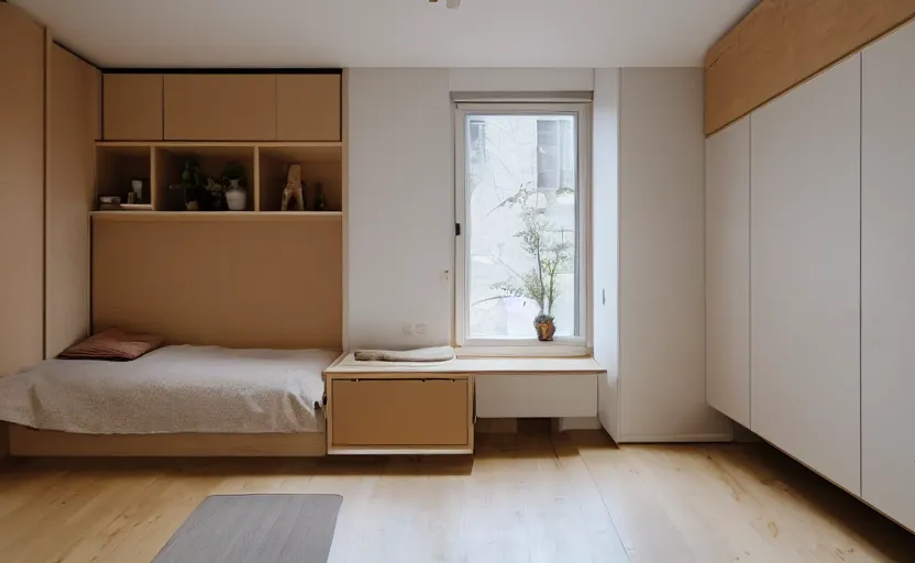 Image similar to interior of a compact minimalist bedroom in an apartment building, bed, ocher wall, cupboards, japanese design, swedish design, natural materials, pine wood, earth colors, feng shui, white, beige, bright, windows with a view of a green park, modernist, 8 k