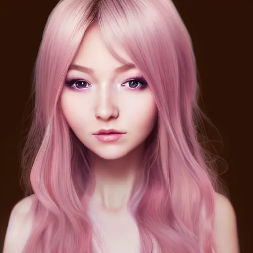 Image similar to beautiful hyperrealism hyperdetailed portrait of nikki from shining nikki dress - up game, a cute young woman, light pink hair, long hair with full bangs, full heart - shaped face, hazel amber eye color, pale skin, light blush, chinese heritage,, smiling softly, golden hour, soft focus, 8 k,