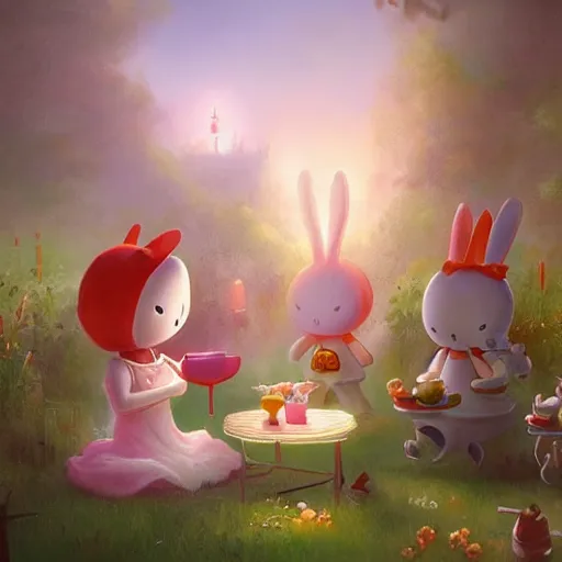 Prompt: Miffy the Miffers is having a Tea Party in the garden, summer, 8k resolution matte fantasy painting, cinematic lighting, DeviantArt, Artstation, Jason Felix Steve Argyle Tyler Jacobson Peter Mohrbacher