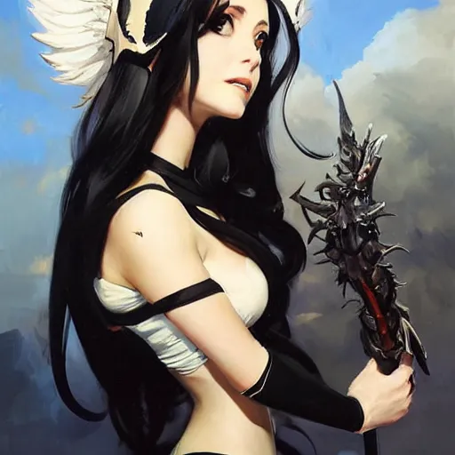 Prompt: greg manchess portrait painting of albedo from nazarick with dark long hair and white horns and wings as overwatch character, medium shot, asymmetrical, profile picture, organic painting, sunny day, matte painting, bold shapes, hard edges, street art, trending on artstation, by huang guangjian and gil elvgren and sachin teng