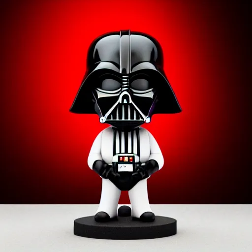 Prompt: a black and white darth vader figurine sitting on top of a table, a macro photograph by Craola, featured on zbrush central, mingei, made of rubber, goth, black background