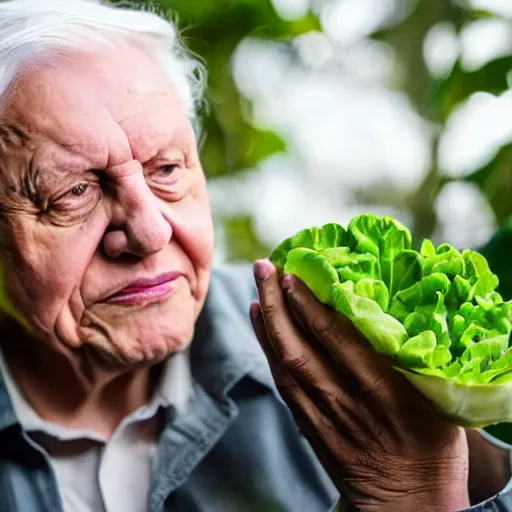 Prompt: David Attenborough looking at a piece of lettuce in the jungle, still, photograph, sharp focus