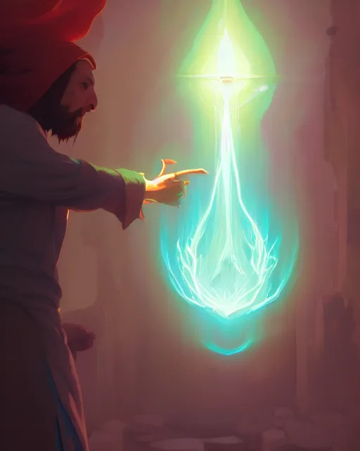 Image similar to highly detailed vfx portrait of an old mage casting a light spell, unreal engine, greg rutkowski, loish, rhads, beeple, makoto shinkai and lois van baarle, ilya kuvshinov, rossdraws, tom bagshaw, alphonse mucha, global illumination, detailed and intricate environment