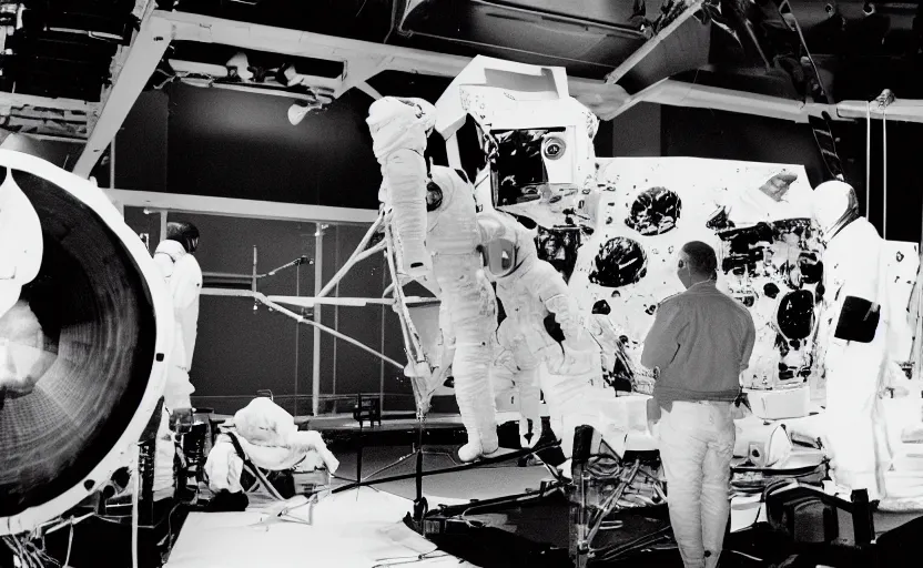 Image similar to Behind the scenes photos of the faked Apollo 11 Lunar landing on a Hollywood sound stage directed byStanley Kubrick. Leica IIIc, 70mm. Black and white