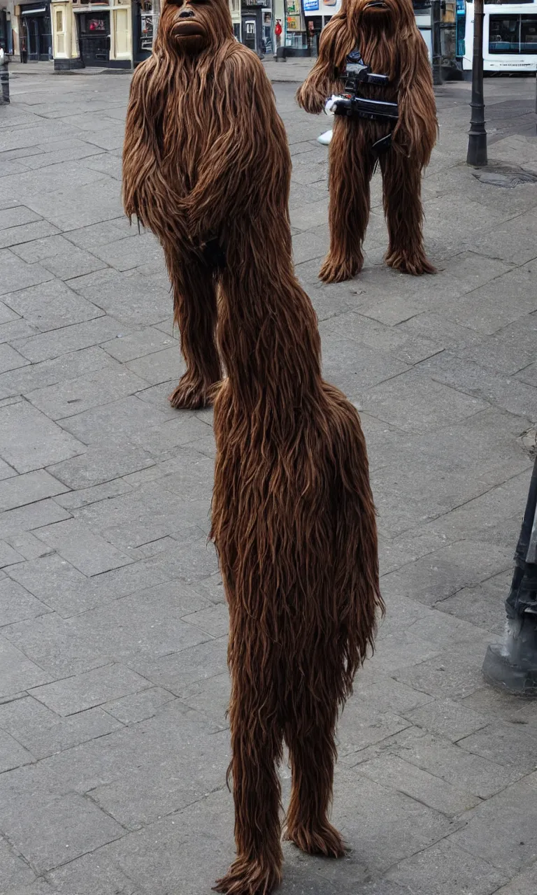 Prompt: photo of a single wookie standing on the streets of rochester, england