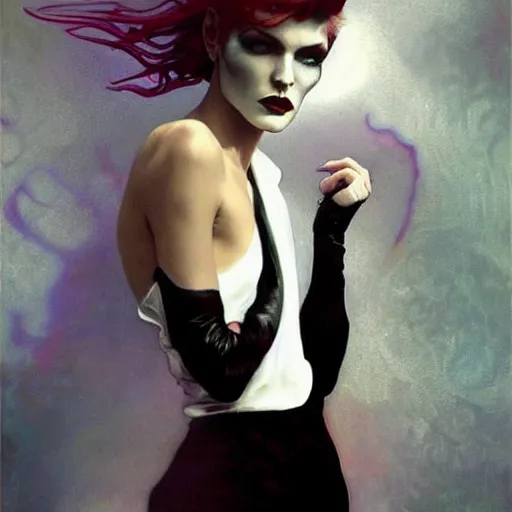 Image similar to stunning portrait of androgynous ruby rose as desire from sandman in a white tuxedo!!!, rockabilly style,, by alphonse mucha, by jeremy mann, by peter lindbergh, dave mckean, by frank moth, white suit and black tie, soft lightning, high detailed, 8 k