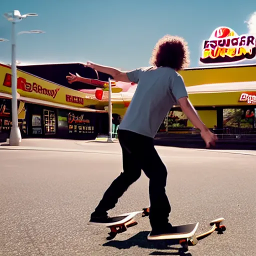 Image similar to kenny g skateboarding in a burger king parking lot, epic, cinematic, realism, ultra detailed, 8 k, film still