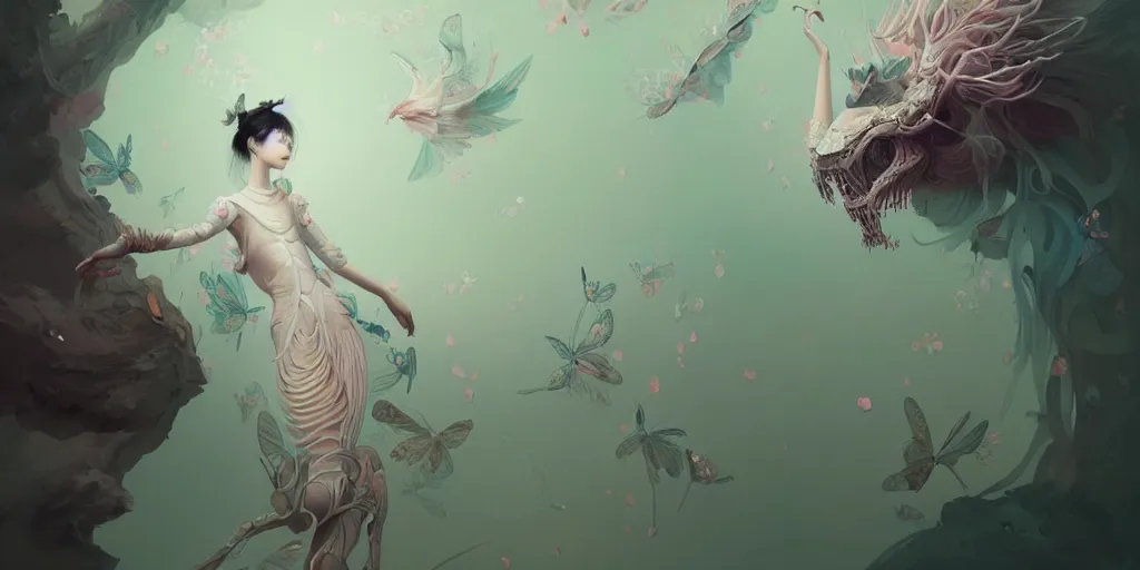 Image similar to breathtaking delicate detailed concept art painting creature, by hsiao - ron cheng, bizarre compositions, exquisite detail, pastel colors, ornate background, 8 k