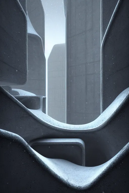 Prompt: sci - fi concrete brutalist architecture in the italian dolomites, snowfall, rutkowski, zaha hadid, beksinski, oil painting, photoreal, highly detailed, 8 k, hd, vray, artstation, cinematic matte painting, extreme detail photo quality, dark moody colors, featured on behance