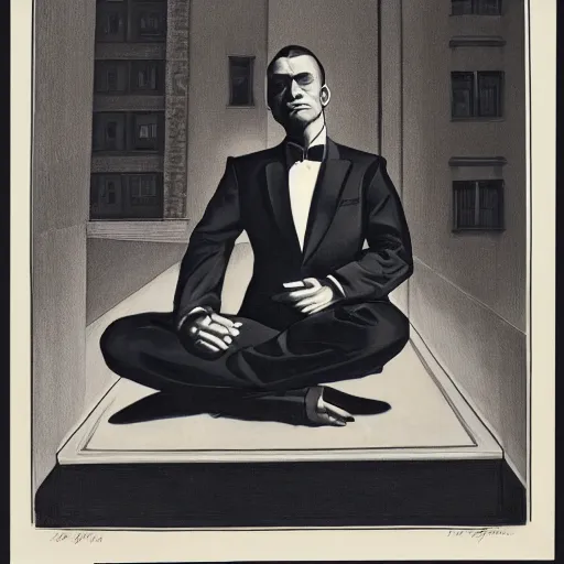 Prompt: man in black suit, meditating pose, new york buildings, leyendecker style n- 4