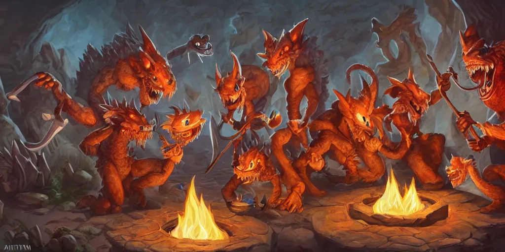 Image similar to a group of draconic kobolds chatting around a cooking fire in a cavern, dungeons & dragons artwork by Artgerm