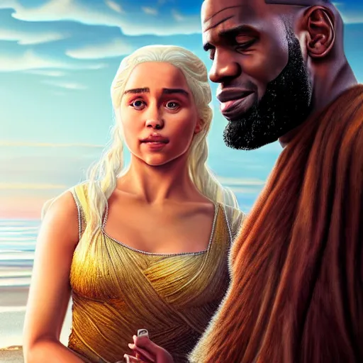 Prompt: beautiful serene intricate portrait of daenerys targaryen and lebron james taking a selfie, smiling softly, relaxing on the beach, golden hour, soft focus, 8 k, art by irakli nadar, hyperrealism, hyperdetailed, ultra realistic