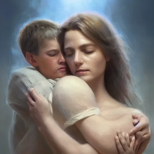 Image similar to epic masterpiece of cinematographic hyperrealism where a heart of love appears inside the heart there is a mother hugging her son. realistic shaded lighting poster by craig mallismo, artgerm, jeremy lipkin and michael garmash, unreal engine, radiant light, detailed and intricate environment, digital art, art station trends