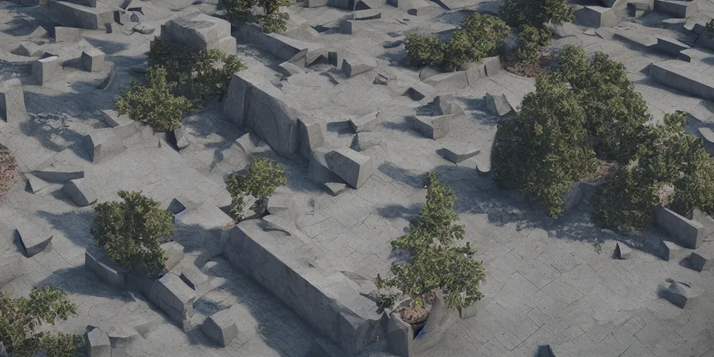 Image similar to 3d painted landscape with a small brutalism monument in the center by james jean, redshift, octane