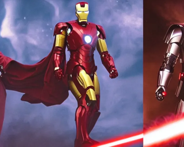 Image similar to a duel between iron man ( left ) and darth vader ( right ), in space, shot on alexxa ; 3 5 mm cooke