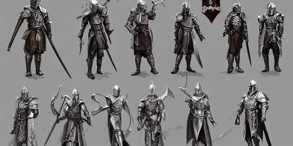 Image similar to different views medieval knights, intricate!! concept art by senior character artist, trending on artstation, full body character design