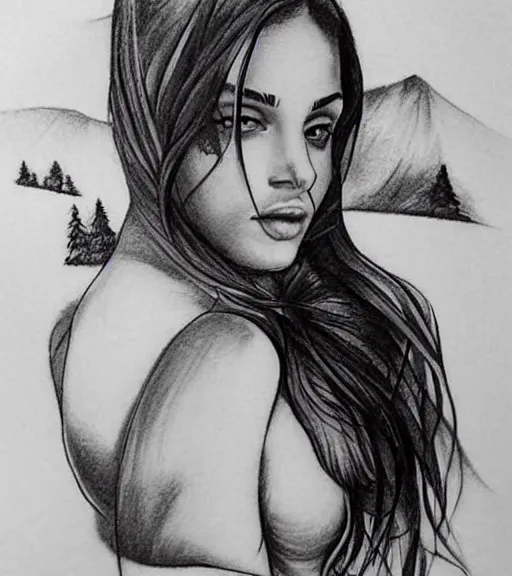 Image similar to tattoo design sketch of a beautiful woman face against a background of beautiful mountains and nature, hyper - realistic, in the style of den yakovlev, amazing detail, black and white