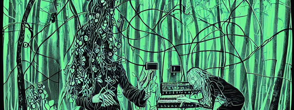 Image similar to a grunge technogaianist long-haired blonde digital musician playing modular synthesizer in the forest, technology and nature swirling in harmony, plugging vines into the synthesizer, trees swaying to the beat, postmodern surrealist concert poster, grainy poster art, hand drawn matte painting by Tara McPherson and Gary Houston, smooth, sharp focus, extremely detailed, 35mm.