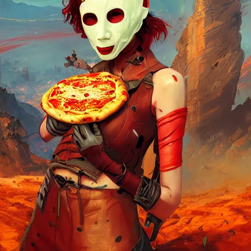 Image similar to skinny pale lady with red hair wearing pizza as a mask, Apex Legends character, digital illustration portrait design, by android jones and greg rutkowski, retrowave color scheme, detailed, cinematic lighting, wide angle action dynamic portrait