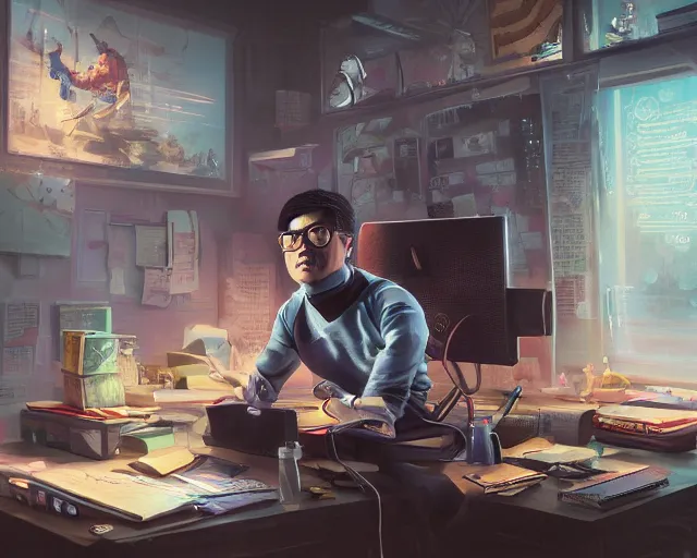 Image similar to an insanely detailed painting of a nerdy asian man wearing a superhero costume, sitting at a desk, staring at the nervously at the computer and typing, in the style of peter mohrbacher, dramatic lighting and composition, octane render, pixar, trending on artstation, concept art, comic book, view from behind